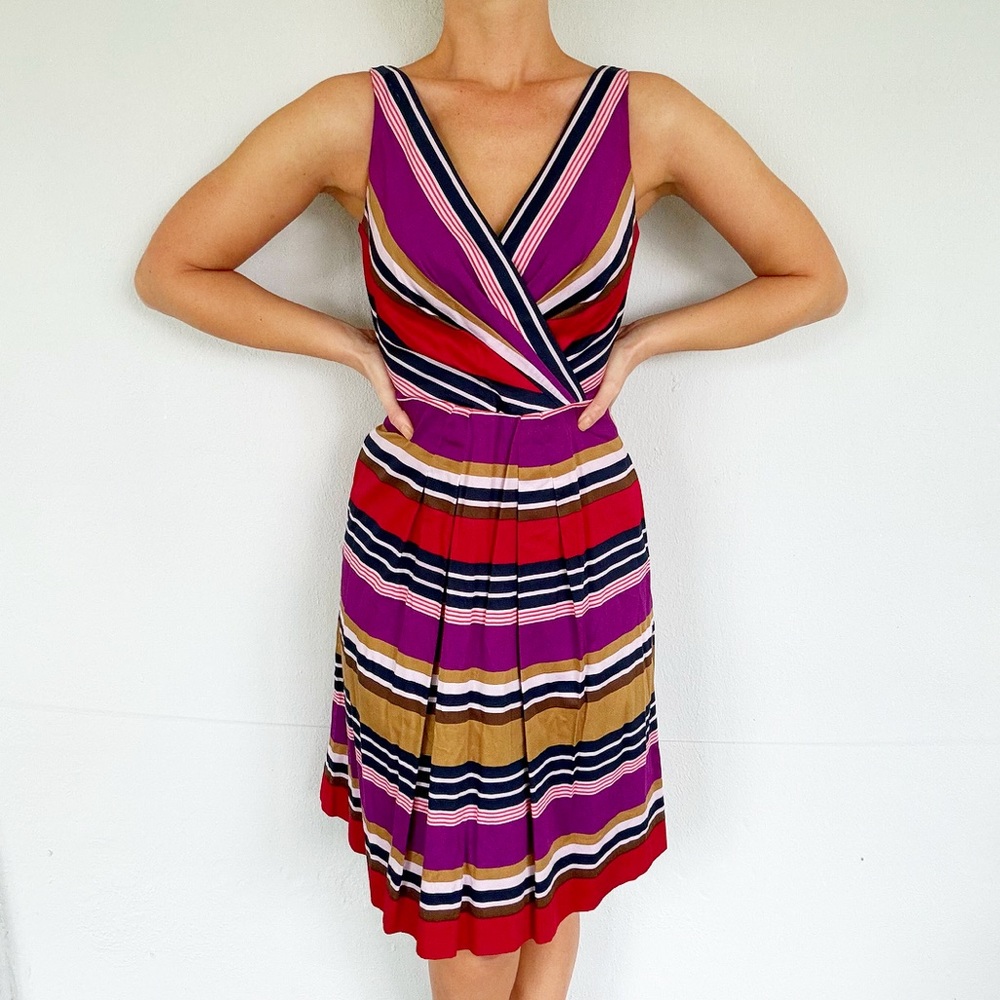 Anne Klein purple red striped surplice v-neck sleeveless cotton dress size 0
